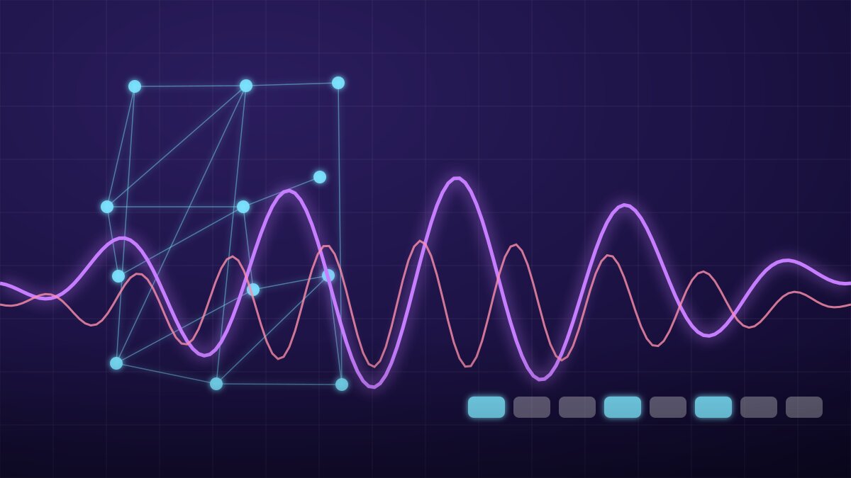 Ilustración abstracta de inteligencia artificial en la producción musical: red neuronal y ondas de audio