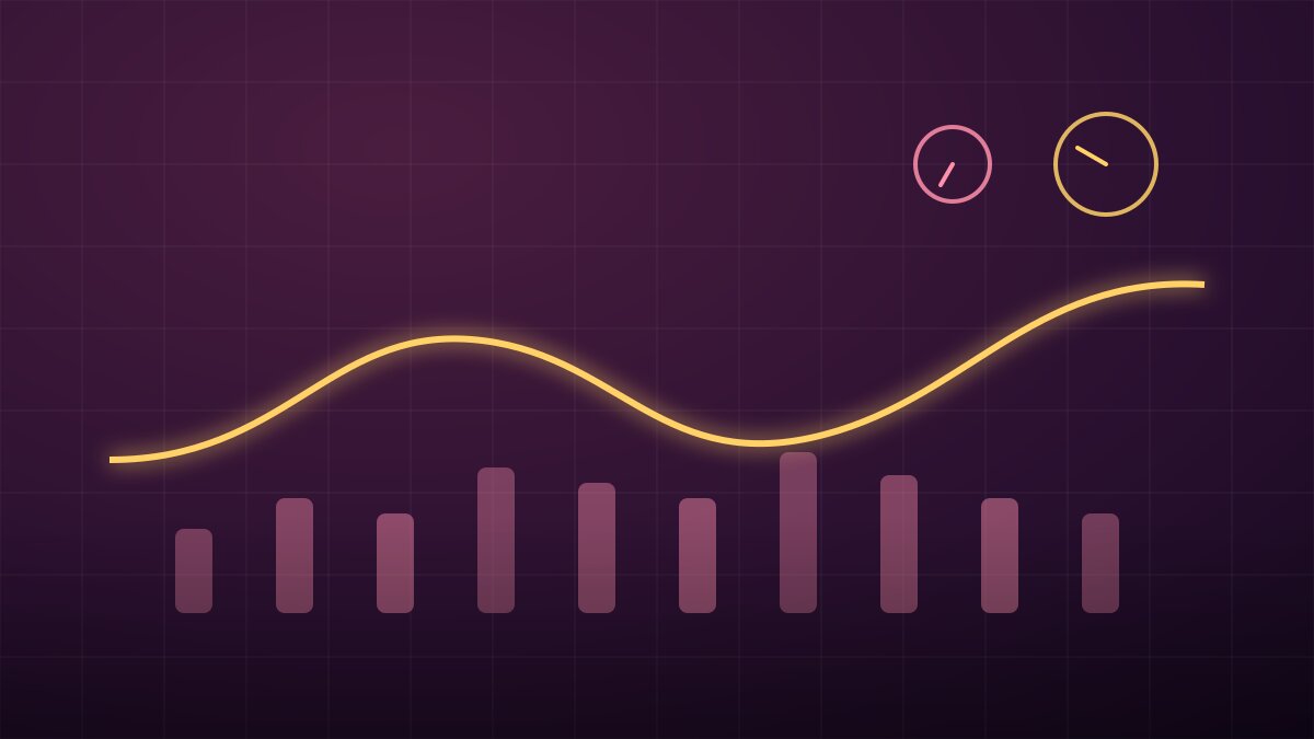 Ilustración abstracta de mastering con inteligencia artificial: curva de ecualización y medidores de nivel