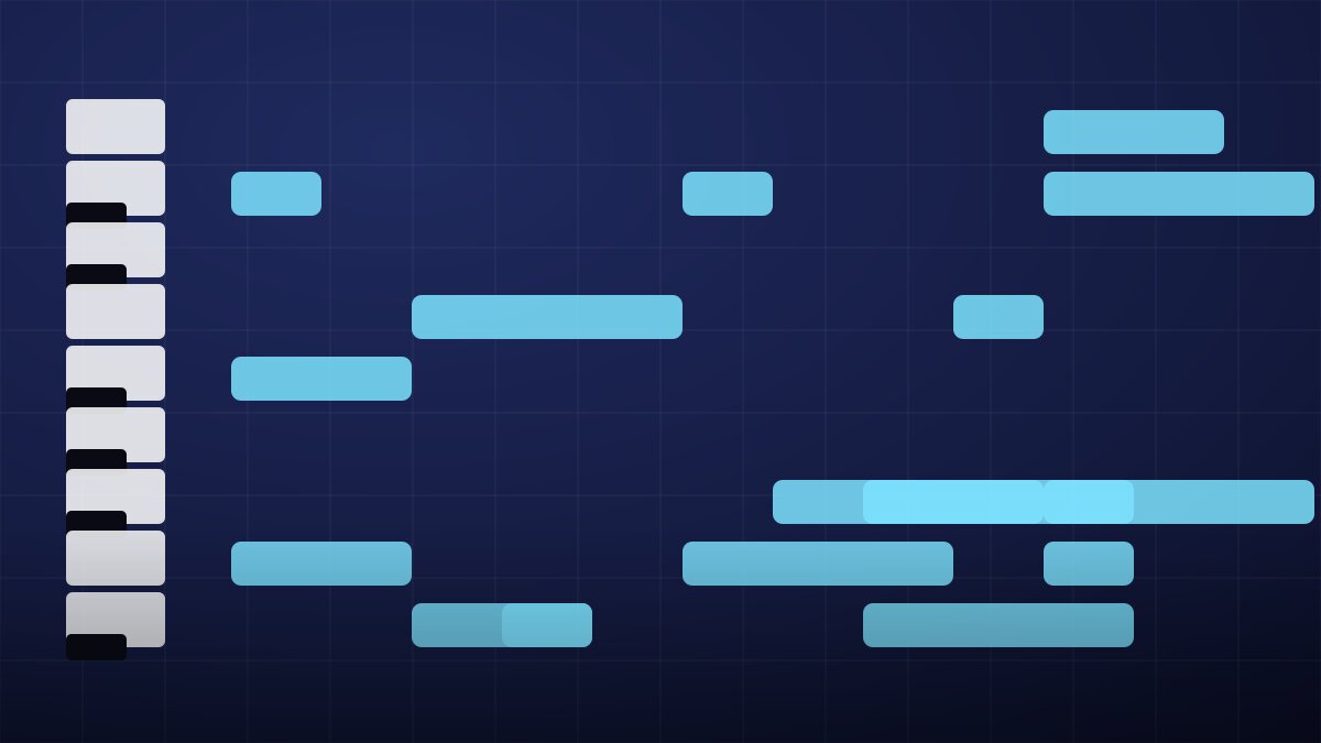 Ilustración abstracta de un piano roll: teclado vertical y notas MIDI como barras de colores