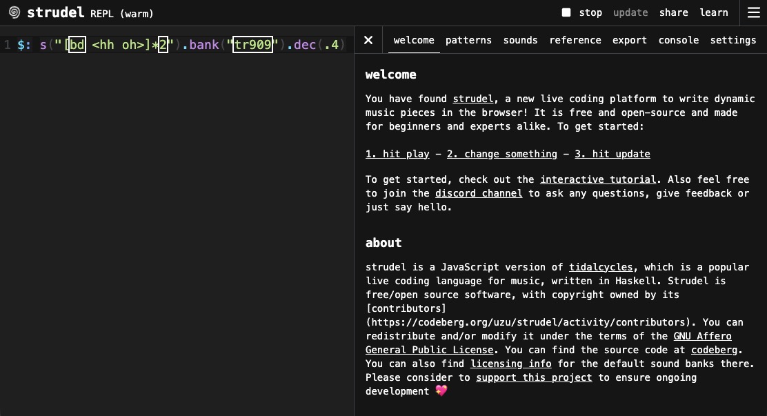Editor de livecoding Strudel con un patrón de batería TR-909 en pantalla